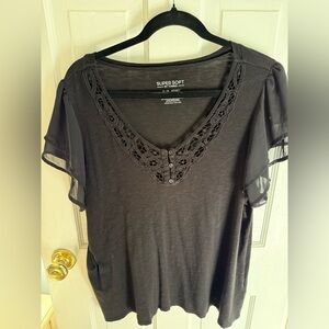 Torrid Slub Crochet Inset Chiffon Flutter Sleeve Top